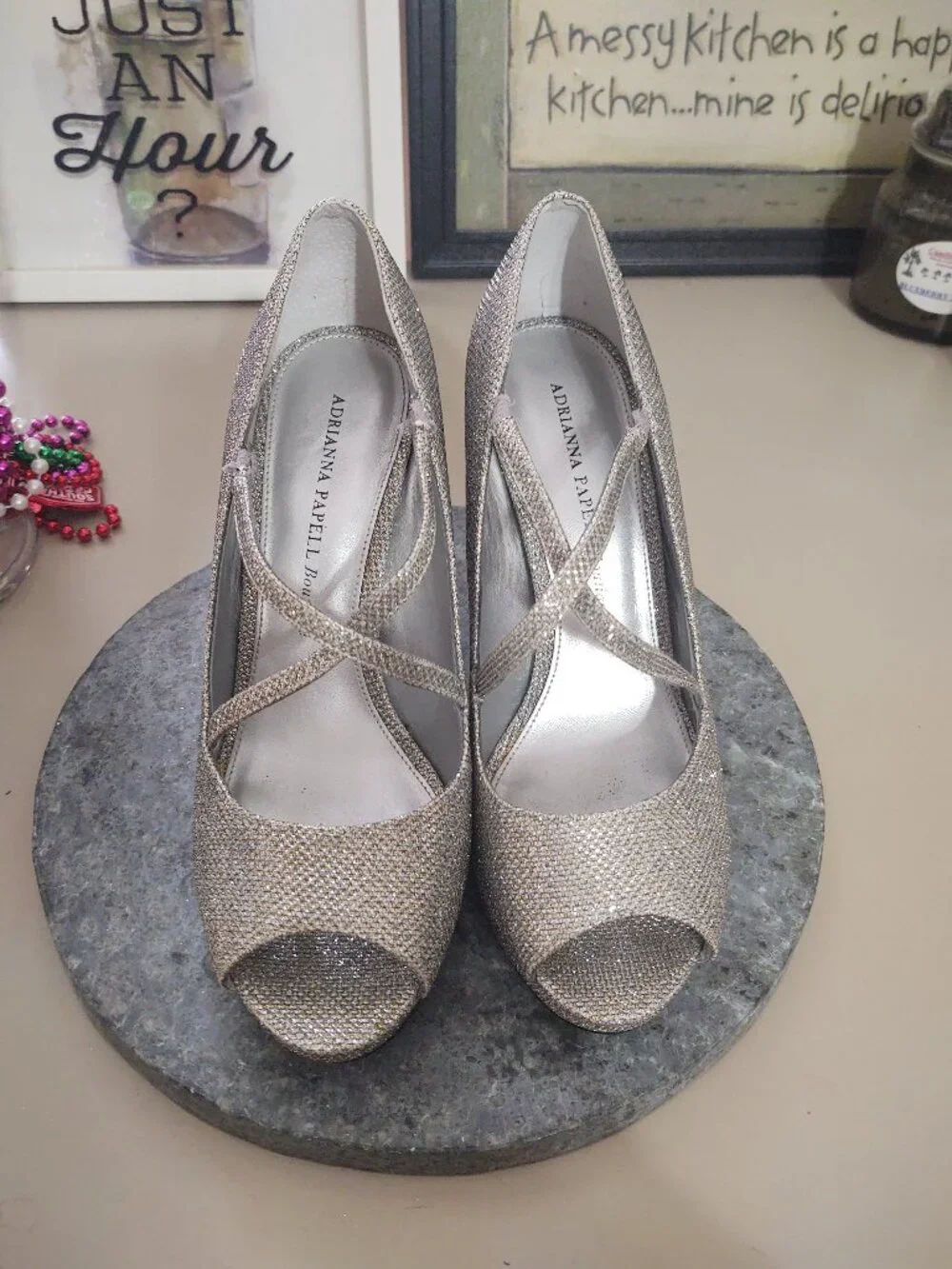 Adrianna Papell Boutique Silver Sparkle Peep Toe Heels 9.5